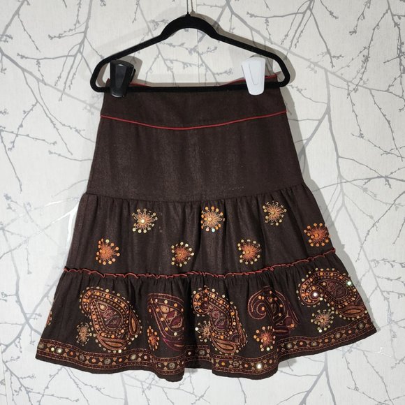 Babilong Brown Wool Blend Paisley Sequin Tiered Midi Skirt - Picture 3 of 5